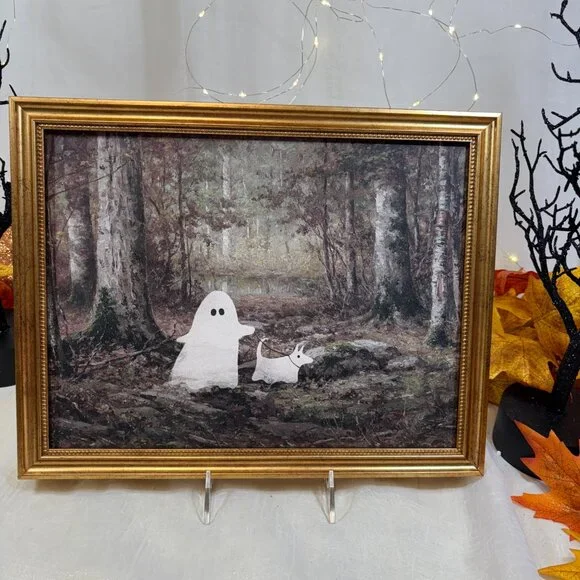 Halloween Ghost Walk Ghost Dog In the Woods Wall Art Gold Frame Viral TikTok - Picture 3 of 7